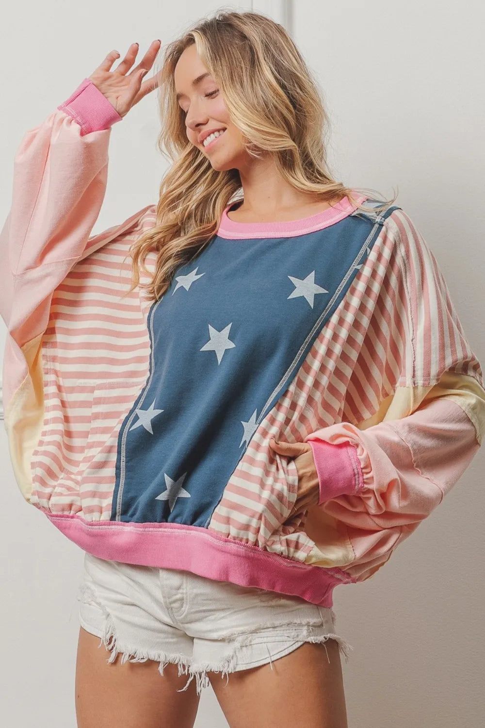 BiBi Stars and Stripes Round Neck Long Sleeve Top Blush Multi 298d70e9-7ad8-48a5-84d0-d3323efa4049-Max