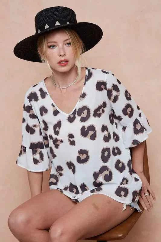 BiBi Leopard Printed V Neck Woven Top with Ruffled 298da84d908d41228b47265a7604039c-Max-Origin