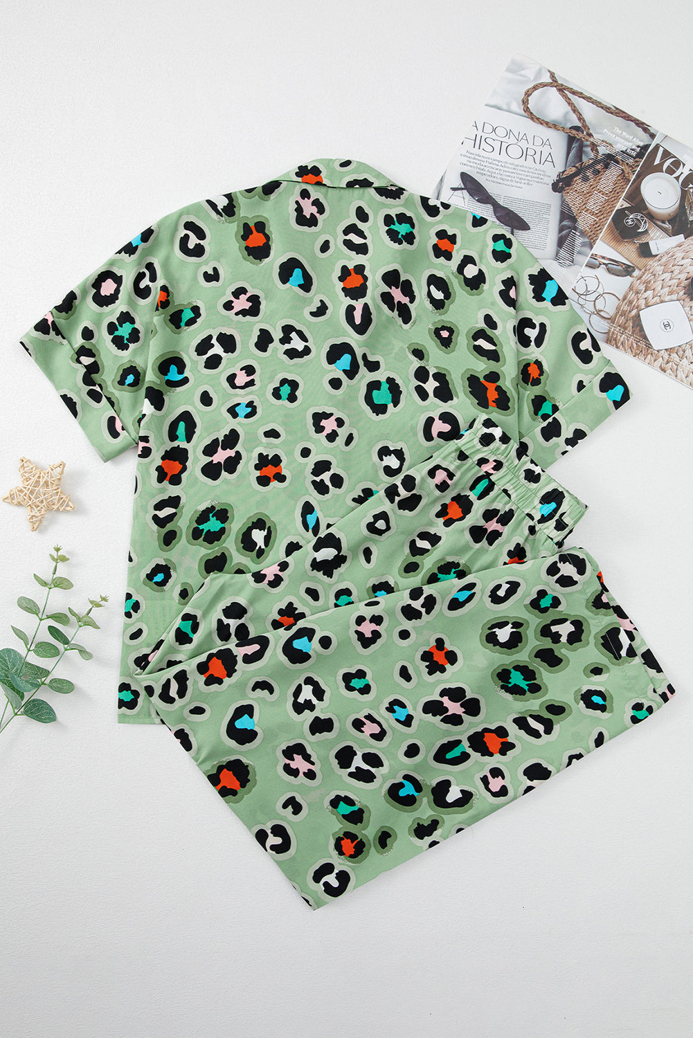Green Leopard Print Short Sleeve Shirt and Wide Leg Pants Set 298f644b2f109c9f