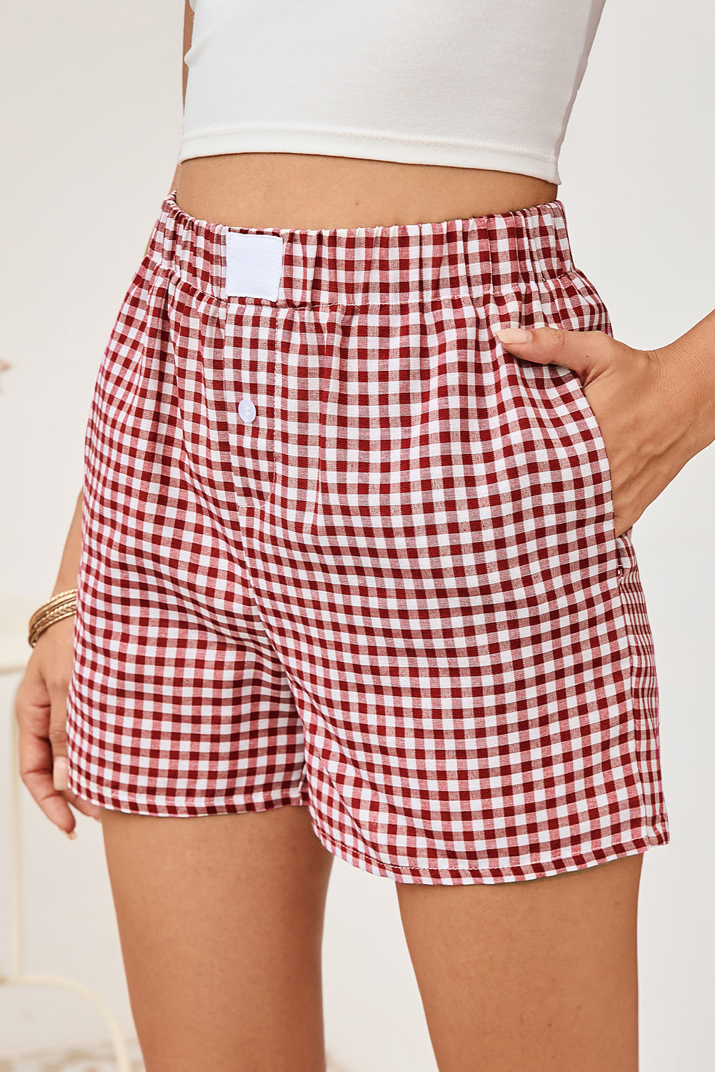 Red Vintage Plaid Print High Waisted Loose Wide Leg Shorts 298f78fc286a71db