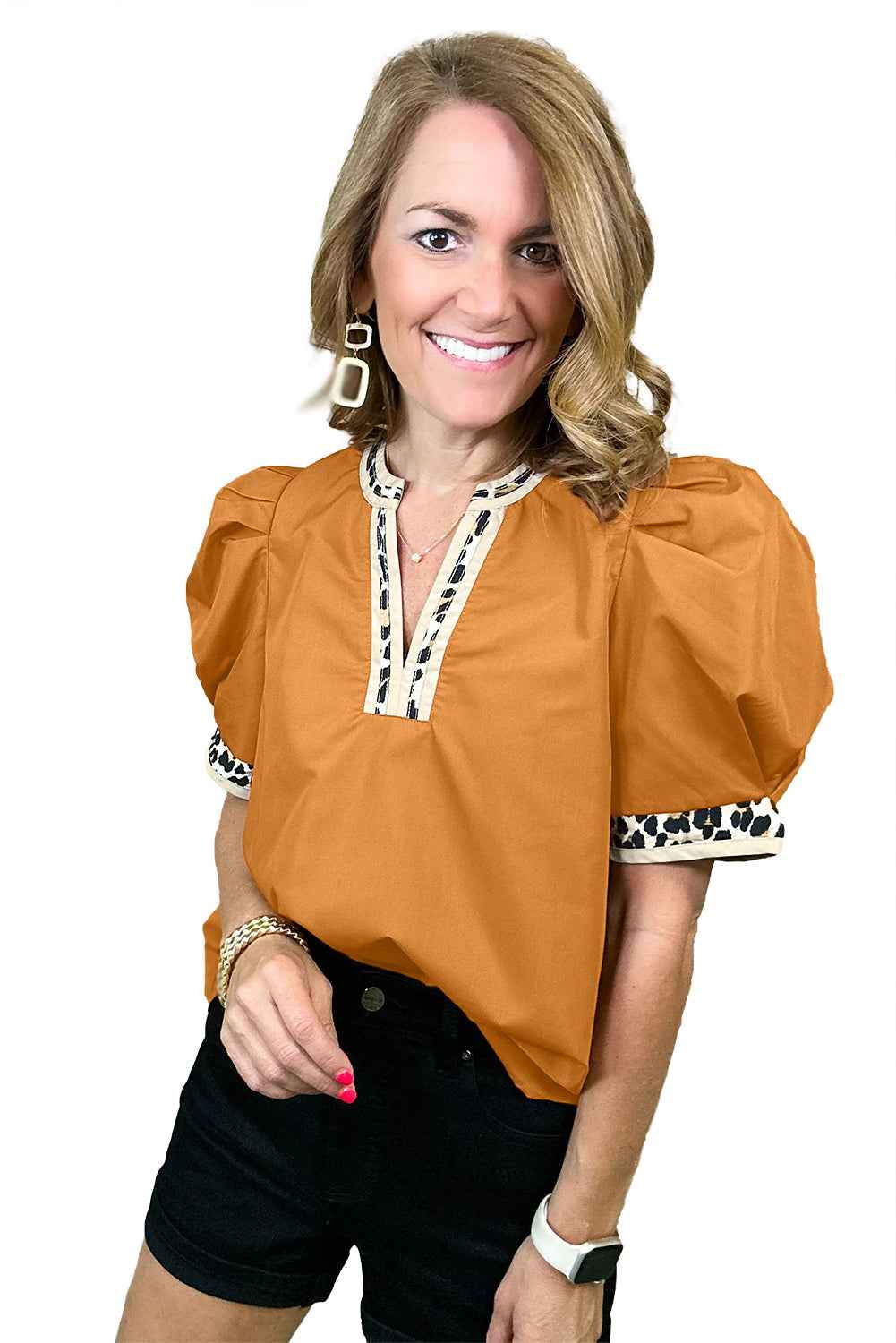 Buckskin Contrast Leopard Trim Split Neck Puff Sleeve Blouse 299a0645f252d376