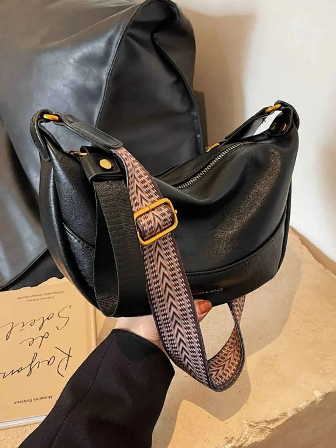 Leather Shoulder Bag with Woven Strap 299cab48-1ff3-4744-a96f-dc6aab53e27a-Max-Origin