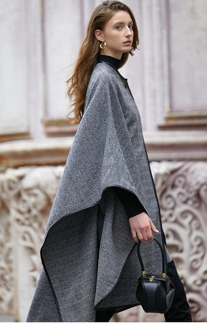 Herringbone Cape-Style Wool Blend Coat 29D59EE711DA90BD3F36CBD03D1BE45D