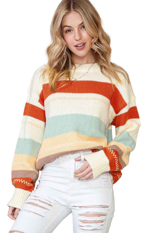 White Striped Color Block Drop Shoulder Knit Sweater Stripe 100%Polyester 29aa4d855e12e75b