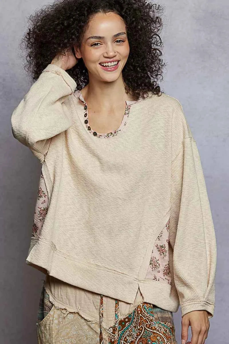 POL Balloon Sleeve Oversized Ribbed Top with Floral Pattern Contrast 29af45cc-d81e-4b21-8c0f-5817e6c26fe4-Max-Origin