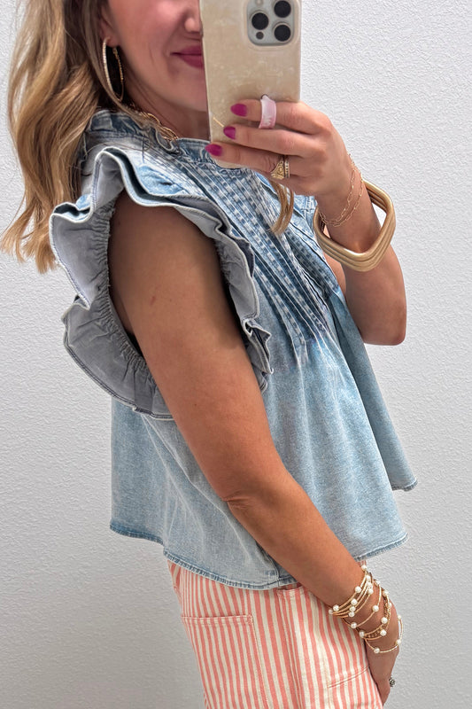 Beau Blue Ruffle Pleated Detail Vintage Washed Denim Top 29b15e46c6d0690a