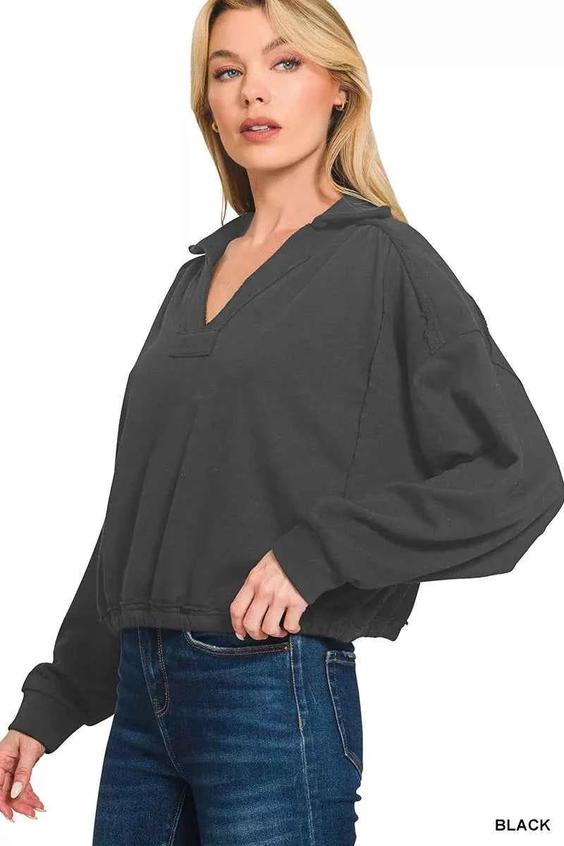 Zenana French Terry Collared Exposed Seam Sweatshirt BLACK 29b18eafd6f64c90b67abb598059d026-Max-Origin