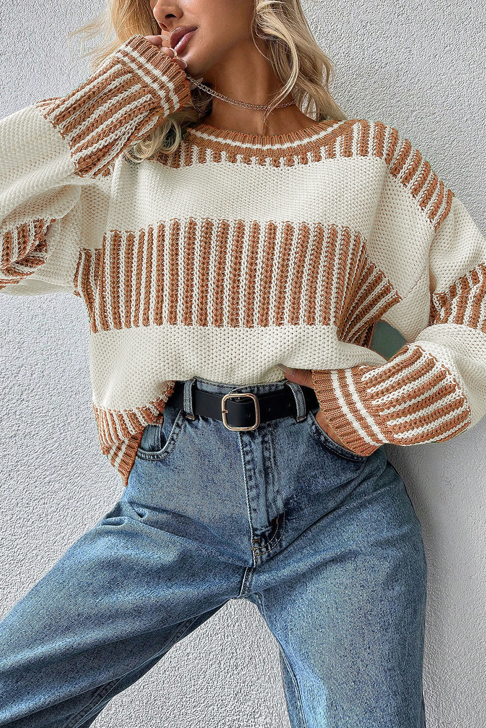 Light Blue Two Tone Striped Patchwork Drop Shoulder Sweater 29bdbb4853767fa5