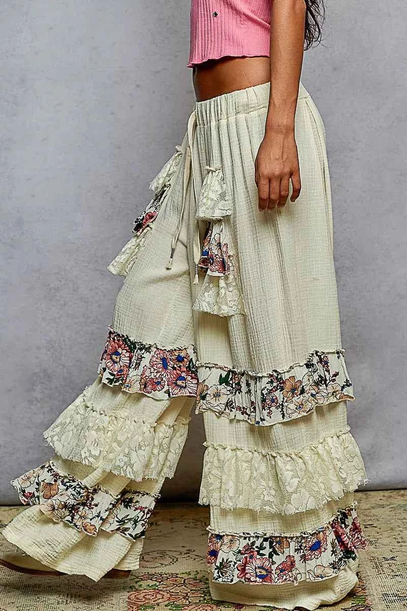 POL Drawstring Double Gauze Wide Leg Pants with Print and Lace Ruffle 29c06198-2096-41a9-802c-54394a9b076e-Max-Origin