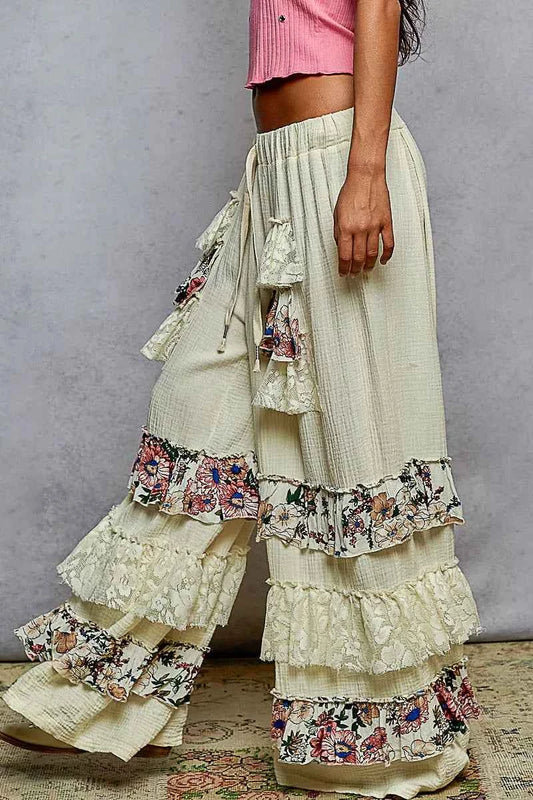 POL Drawstring Double Gauze Wide Leg Pants with Print and Lace Ruffle 29c06198-2096-41a9-802c-54394a9b076e-Max-Origin