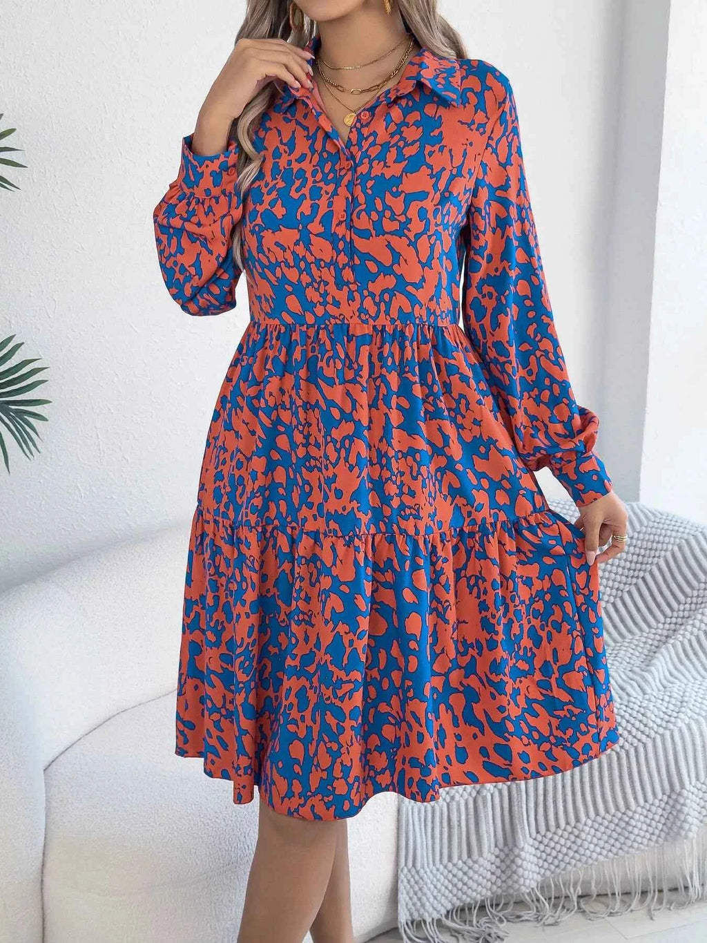 Printed Collared Neck Long Sleeve Dress 29c07df1270a452b83410fc5c38c333a-Max-Origin
