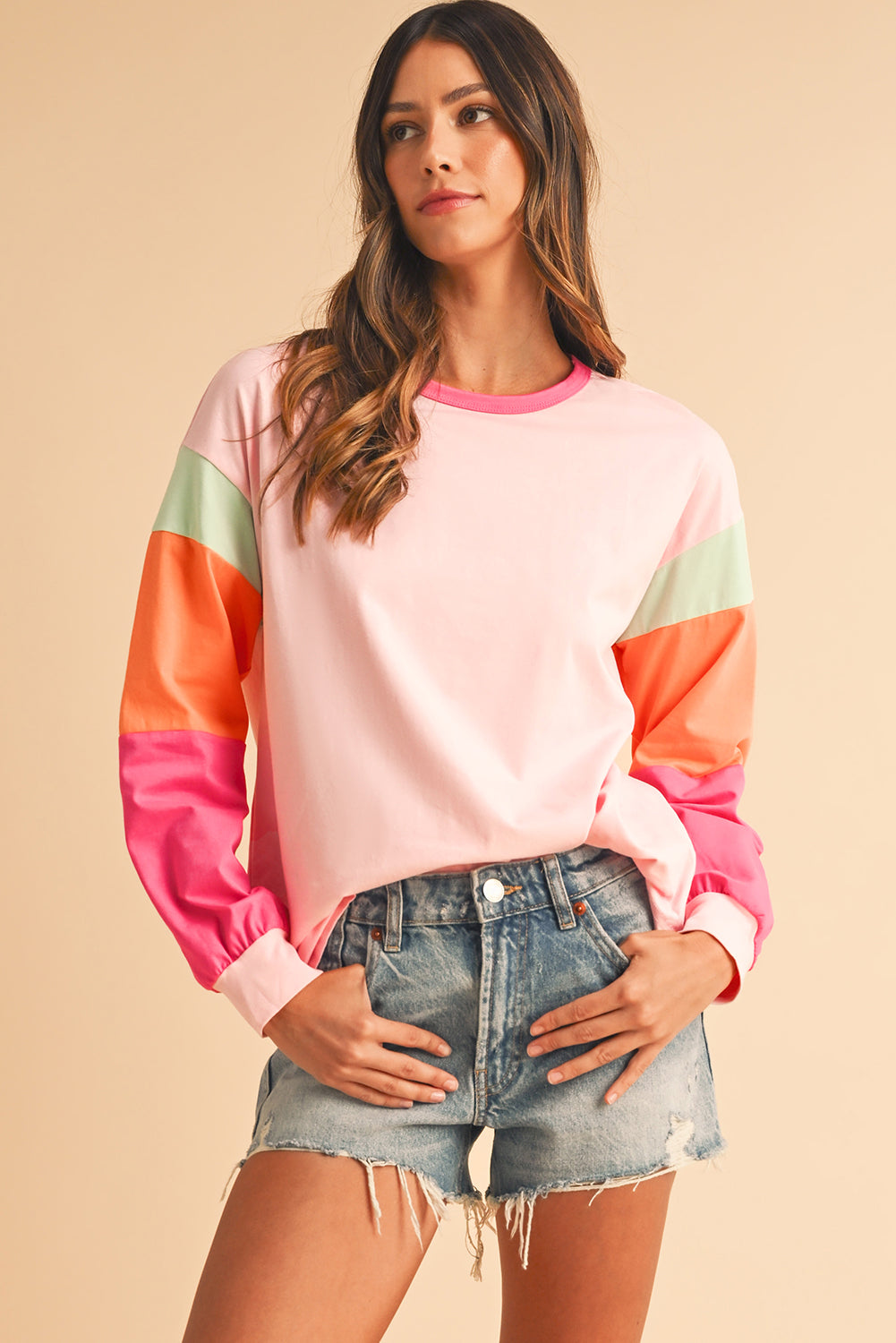 Green Color Block Sleeve Loose Fit Top 29c32abacb304eba