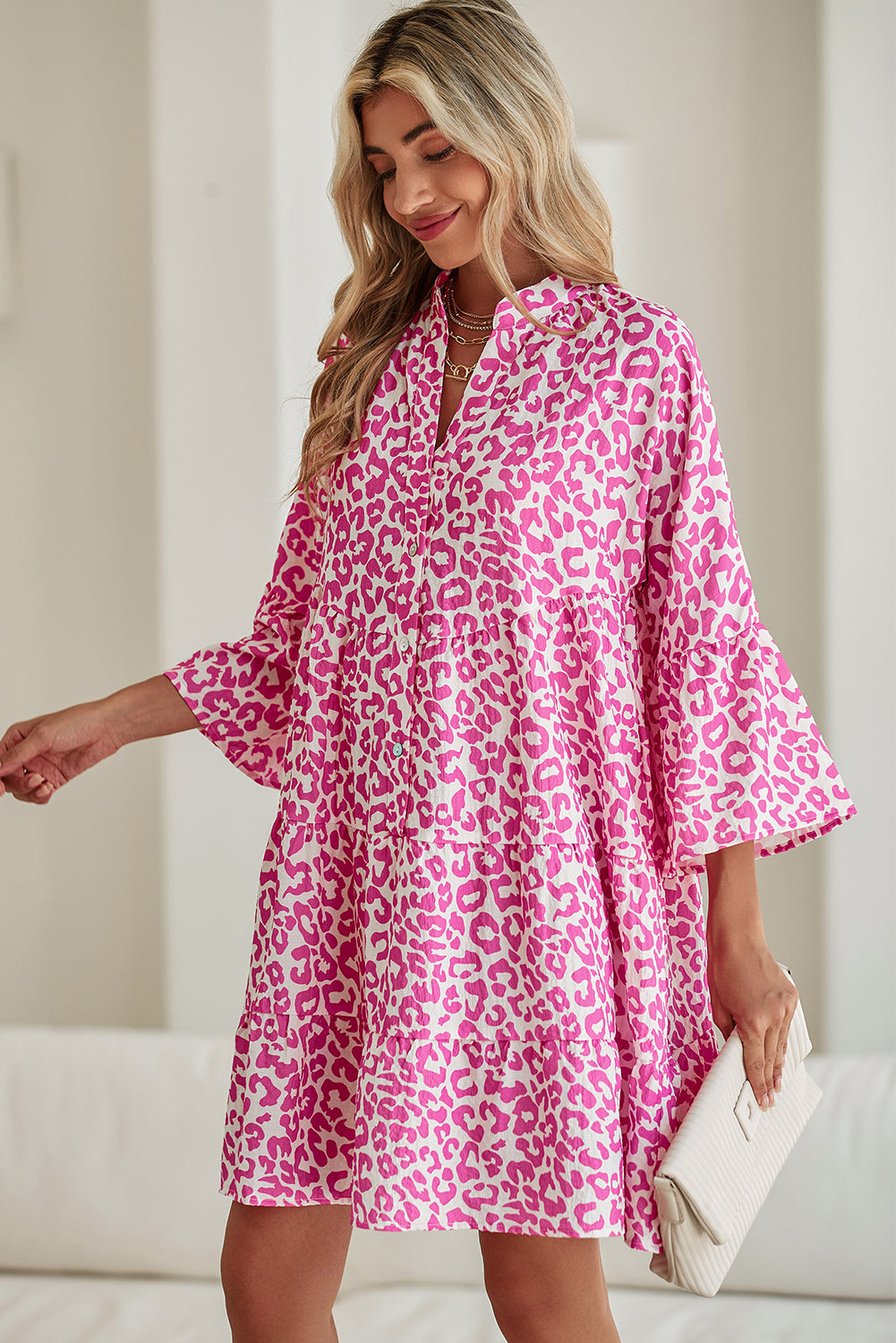 Bright Pink Leopard Print Flounce Sleeve Mini Dress 29c5130fd90cb9c0