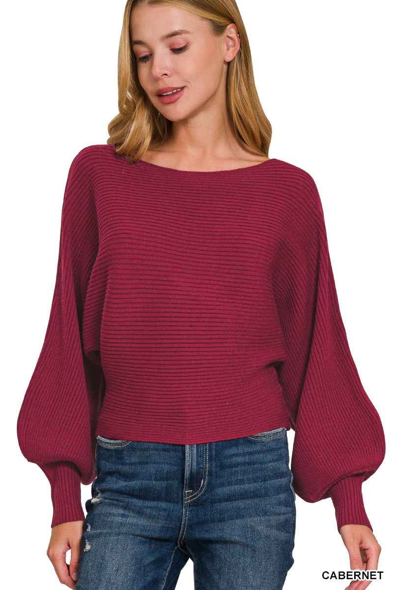 Zenana Boat Neck Balloon Sleeve Sweater CABERNET 29c87c23c17b4b74872bc5c4cff1bb61-Max