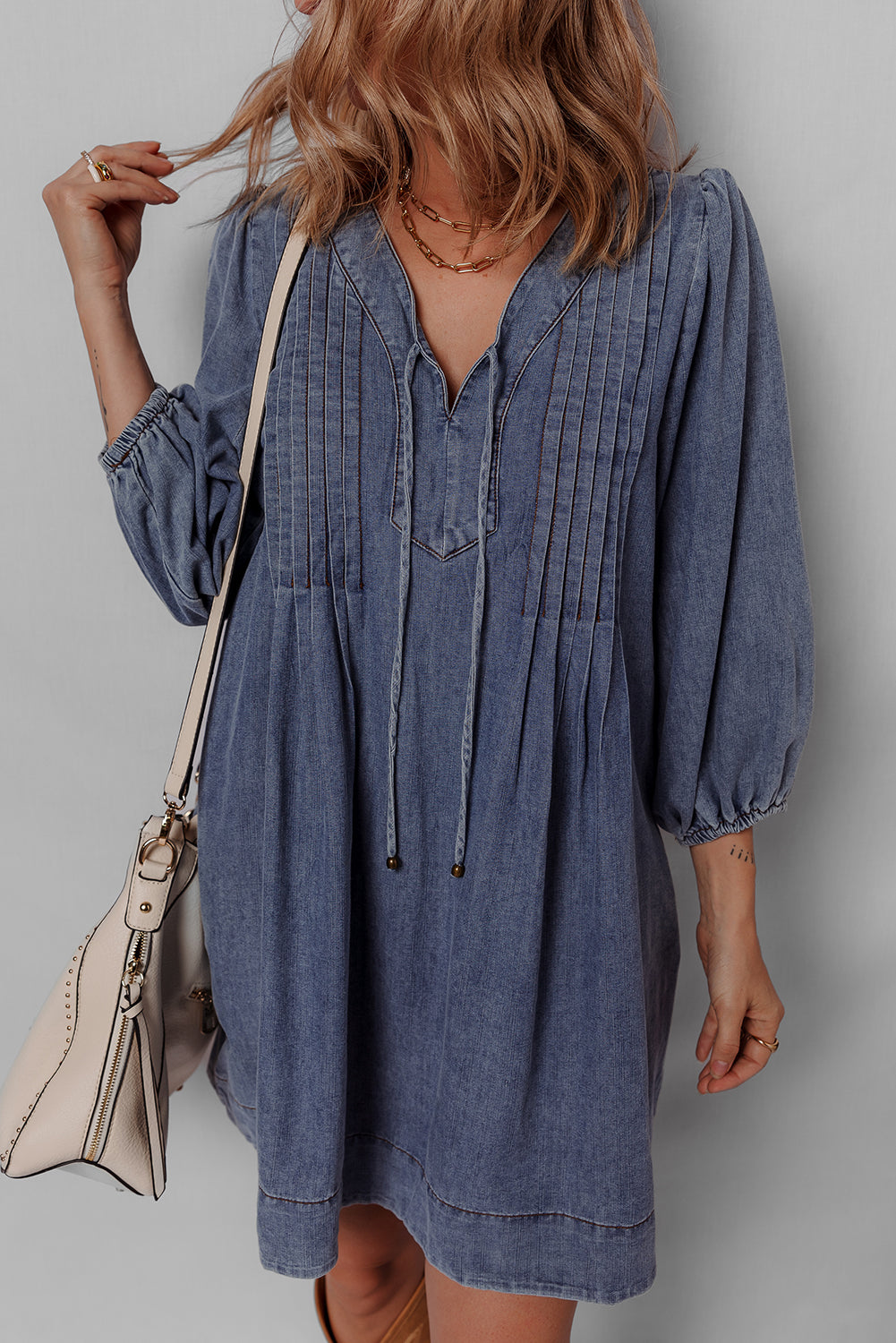 Sail Blue Pleated V Neck 3/4 Sleeve Denim Mini Dress 29c97232c7ffcfae
