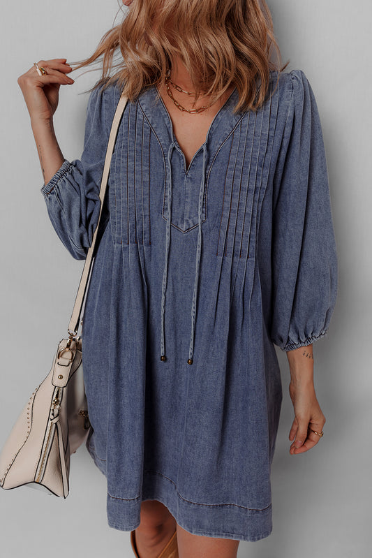 Sail Blue Pleated V Neck 3/4 Sleeve Denim Mini Dress 29c97232c7ffcfae