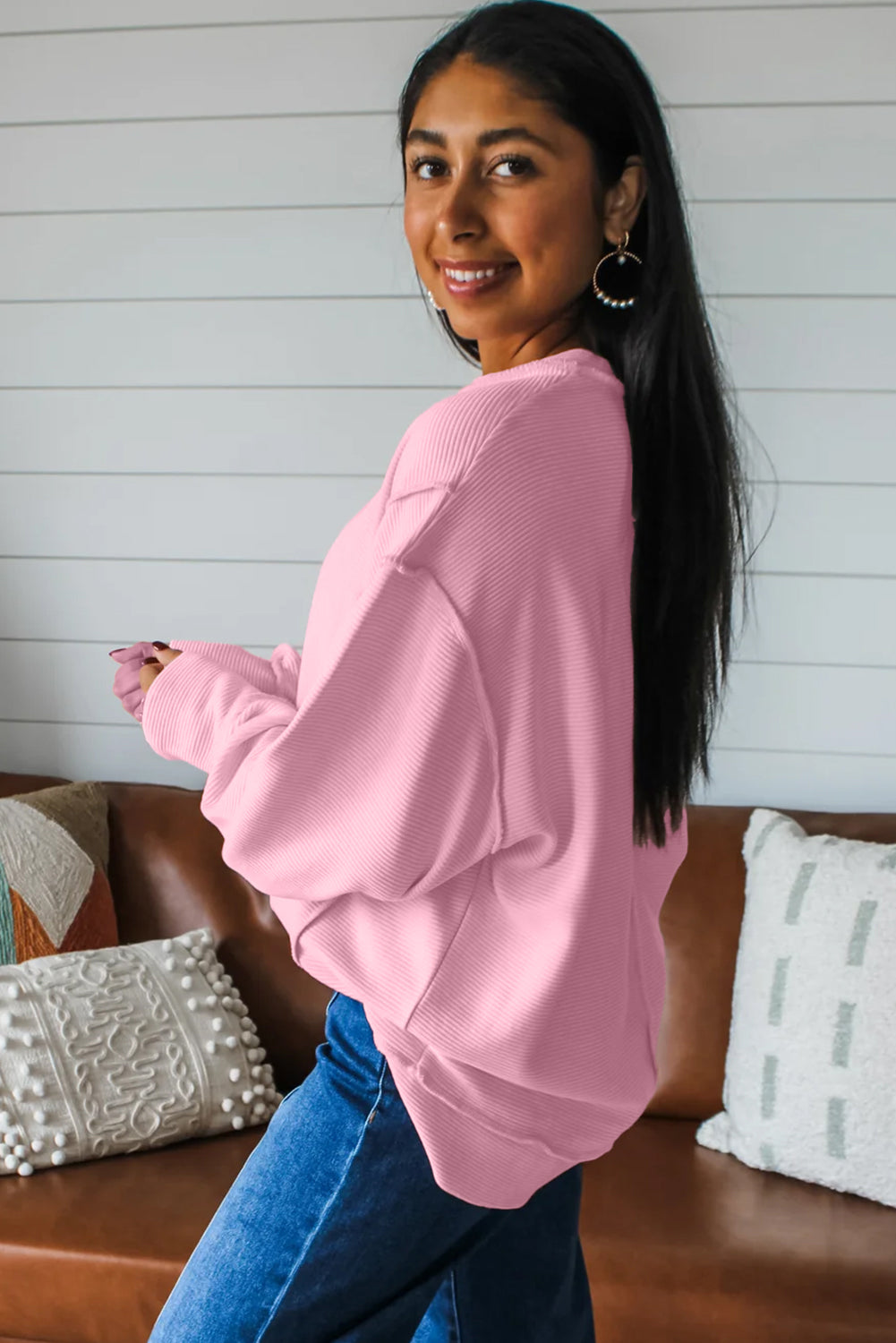 Lavendula Horizontal Ribbed Exposed Seam Detail Drop Shoulder Baggy Pullover 29ca5b88fb01e6ed