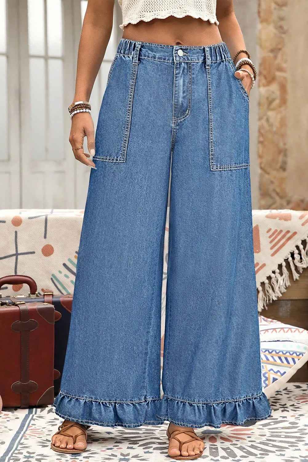 Ashleigh Blue Plus Size Elastic Waist Ruffled Wide Leg Denim Pants 29cfd1304f1771be