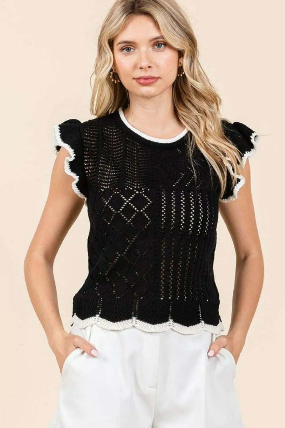 Mittoshop Openwork Contrast Trim Ruffled Cap Sleeve Knit Top Black 29d59d60-a414-40ad-945b-565fb3eaf916-Max