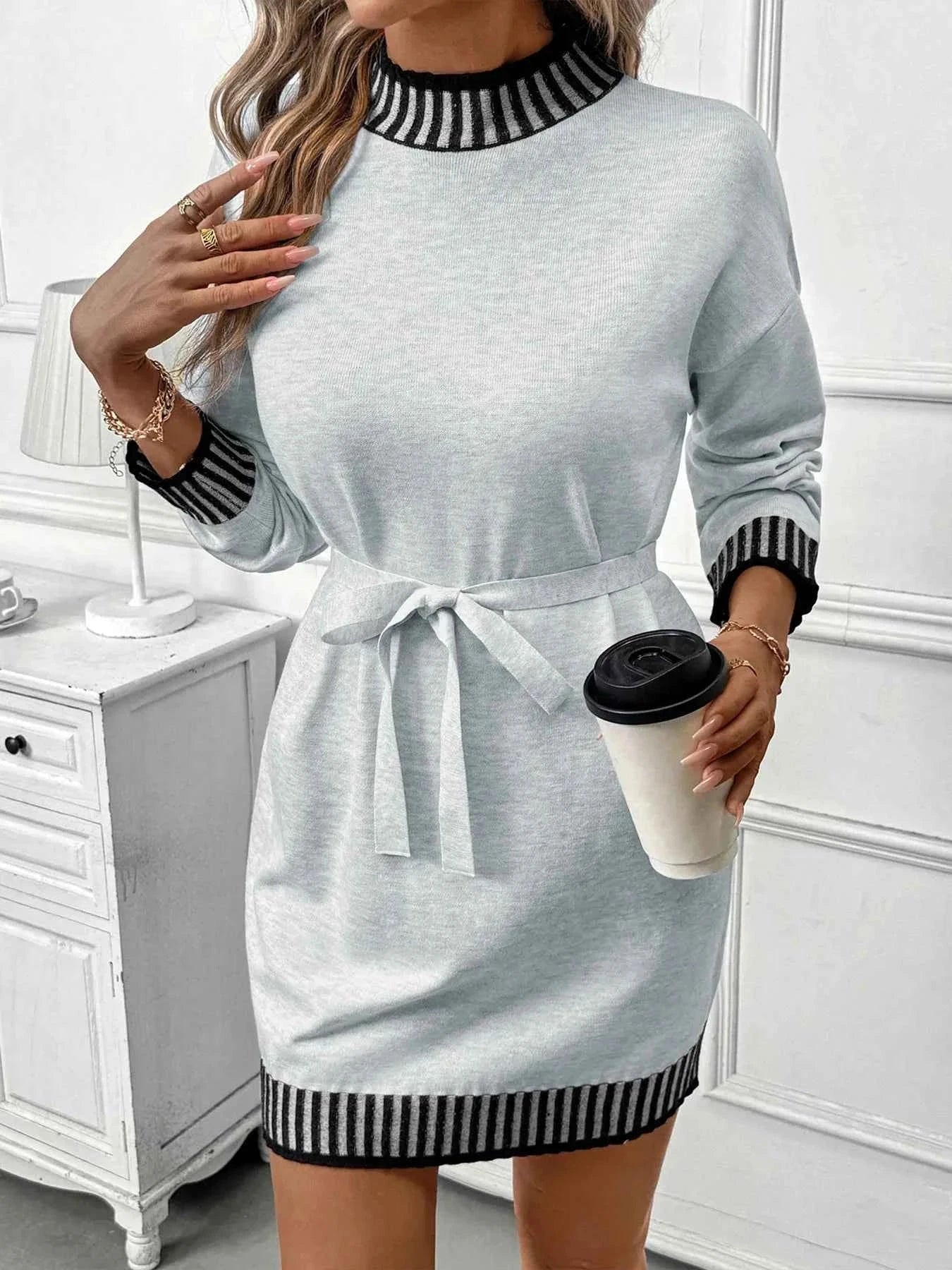 Striped Trim Tie Waist Sweater Dress 29dc7a02-8b84-426f-9df7-6eb1ade2850f-Max-Origin