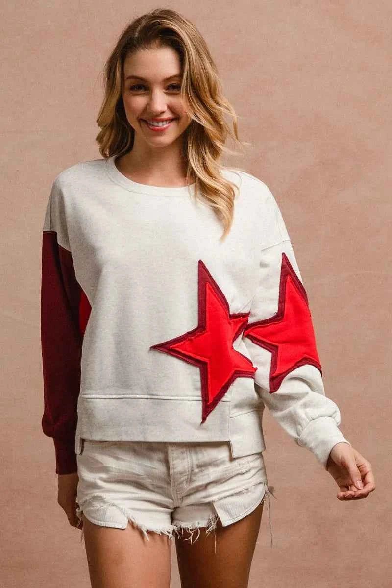 BiBi Star Patch And Spliced Hemline French Terry Long Sleeve Sweatshirt 29deb149473d406e8da52cfe7fbf6755-Max-Origin