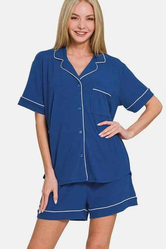 Zenana Button Down Short Sleeve Top and Shorts Lounge Set Navy 29e3232a-a96a-43fc-b12f-9cf18801fa09-Max
