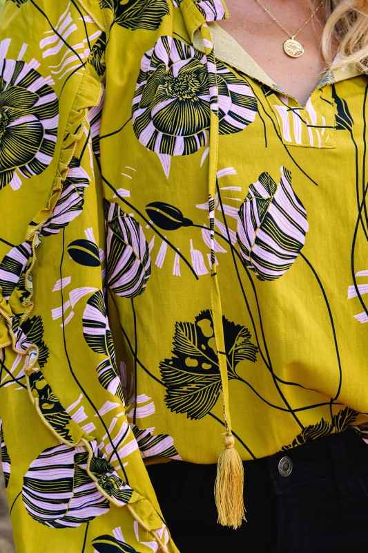 Floral V-Neck Ruffle Trim Long Sleeve Blouse 29e679e8-a758-41e7-8d2a-f6225a4bc58c