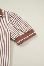Khaki Stripe Collared Split Neck Short Bubble Sleeve Blouse 29f0cd1054725478