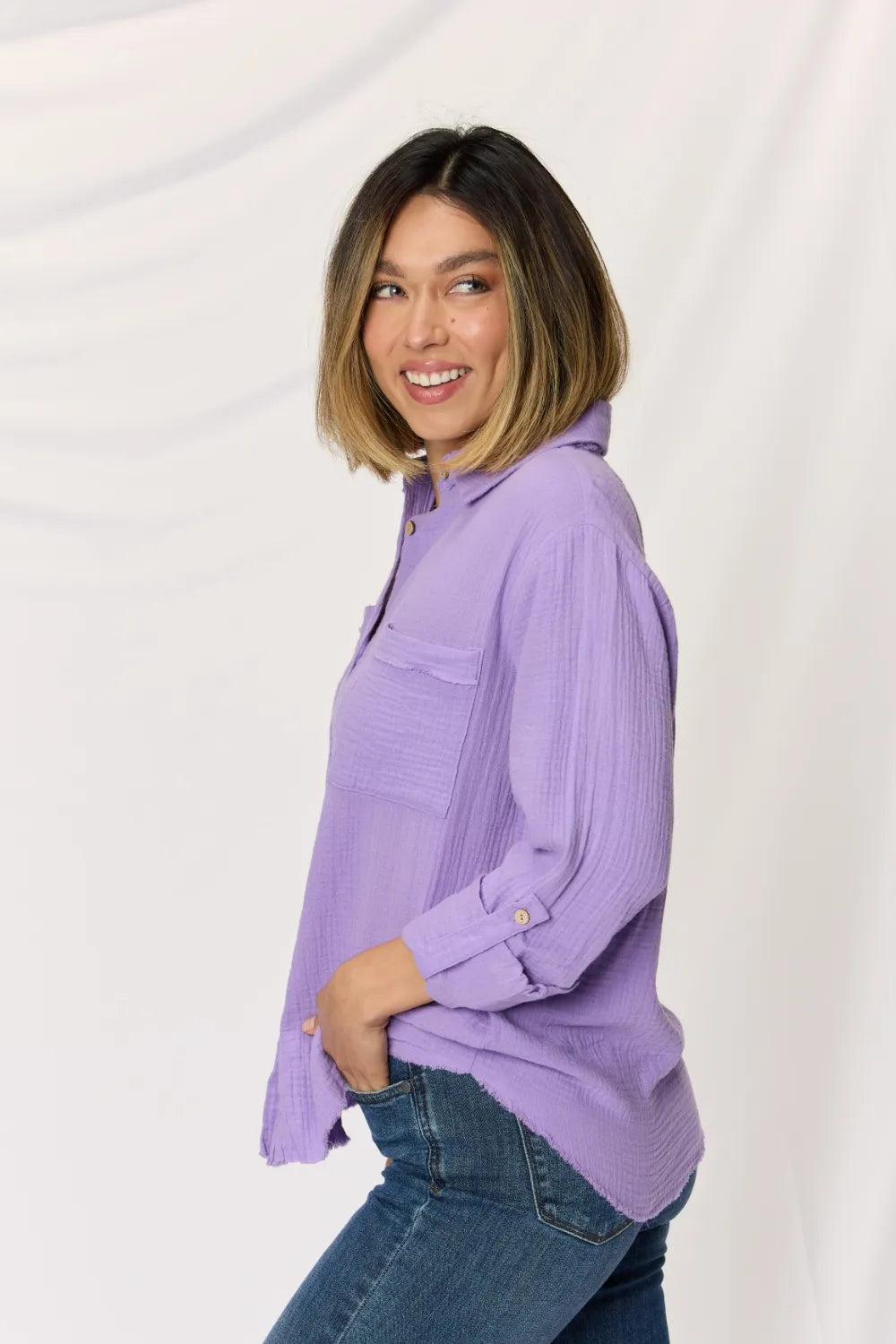 Texture Button Up Raw Hem Long Sleeve Shirt 29f39d61-335c-4981-b6d1-5419d2b27fa6-Max