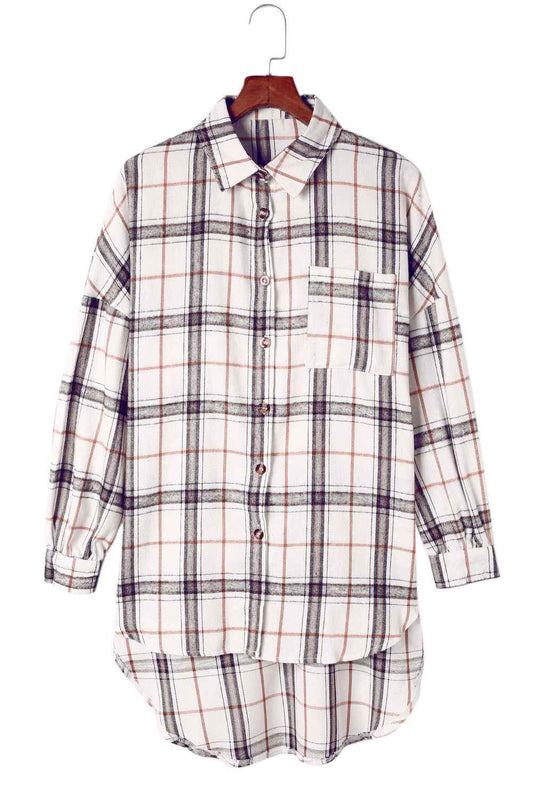 White Plaid Slits Bishop Sleeve Oversized Shacket 29f4492f625bfdc3
