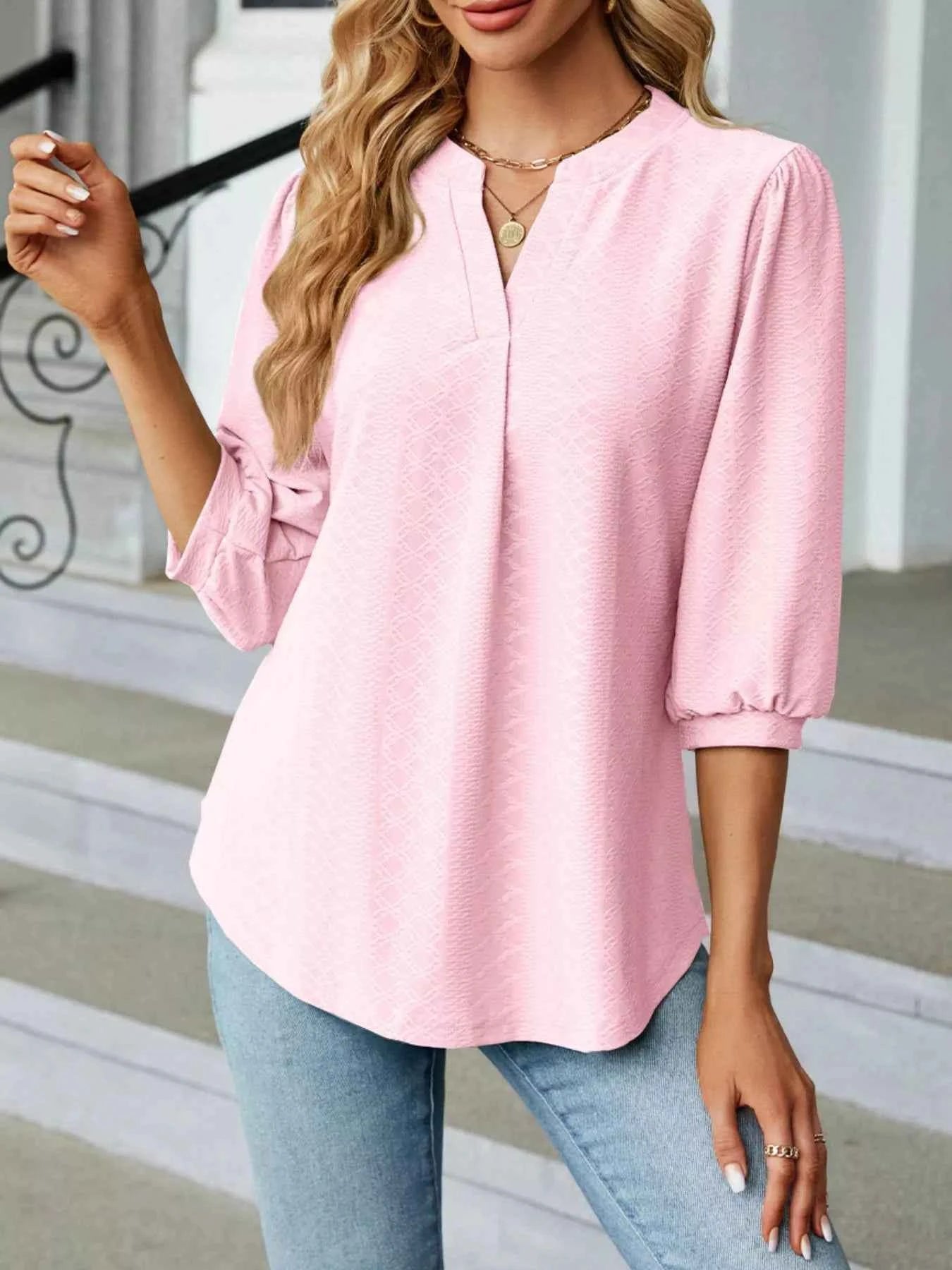 Notched 3/4 Sleeve Casual Top Blush Pink 29f4f3e0-10f4-49f6-b6c4-57cdce77cebb-Max-Origin