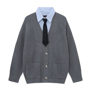 Faux Layered Tie-Collar Knit Sweater Gray 2C6C4926D19ADAC5FEEF033641173799