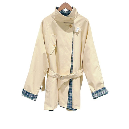 Khaki Reversible Plaid Trench Coat