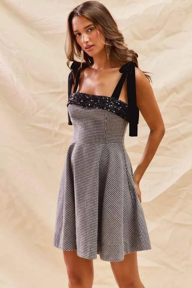 SO ME Houndstooth Fit Flare Mini Dress with Shoulder Tie 2a0231abba944f5f8c4d5396c19c0603-Max-Origin