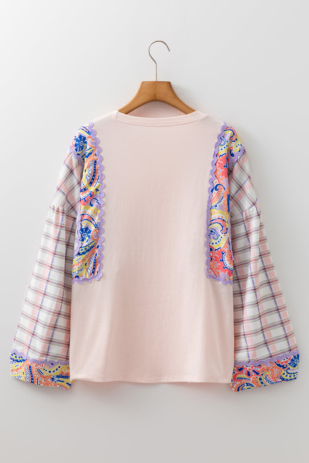 Delicacy Ricrac Trim Floral Plaid Patchwork Puff Sleeve Top 2a0ae10fd7f399b8