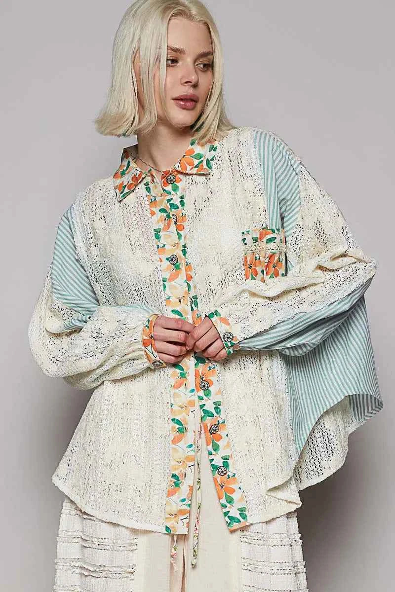 POL Lace Long Sleeve Shirt with Floral and Striped Pattern Pastel Blue 2a0c08b1-37db-45f0-b23a-1053e5122848-Max-Origin