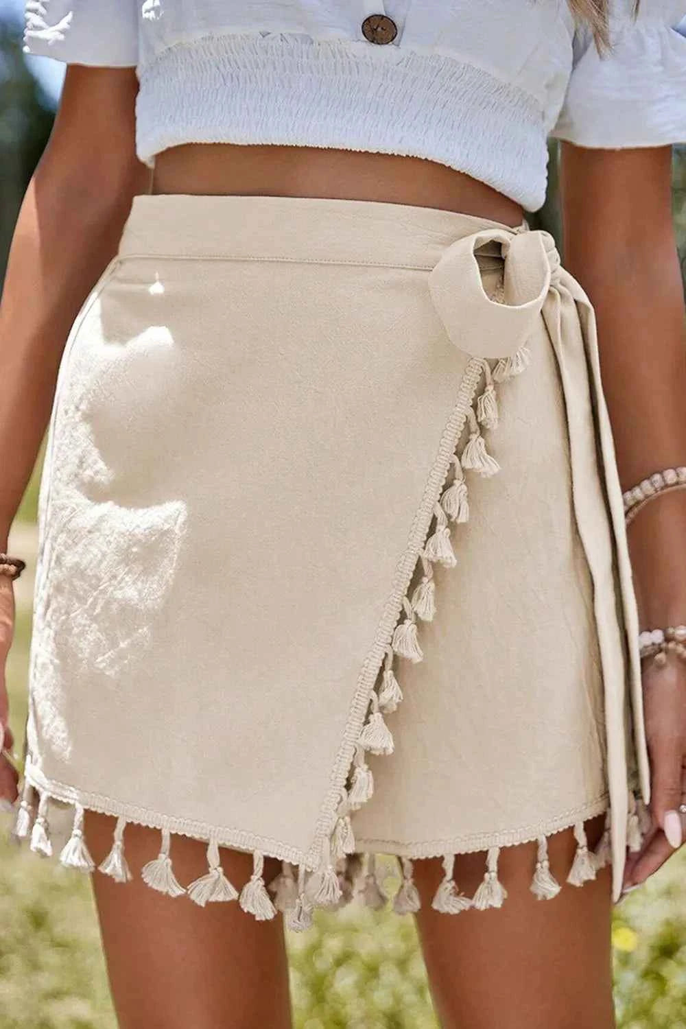 Tassel Trim Wrap Knot Side Mini Skort Beige 2a203eac-ff27-485b-9481-ed1ac192fd20-Max