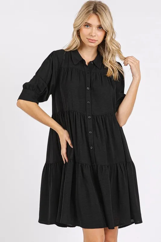 Mittoshop Button Detail Collared Neck Tiered Shirt Dress Black 2a21abab-7395-4f54-9114-06110679f0f1-Max