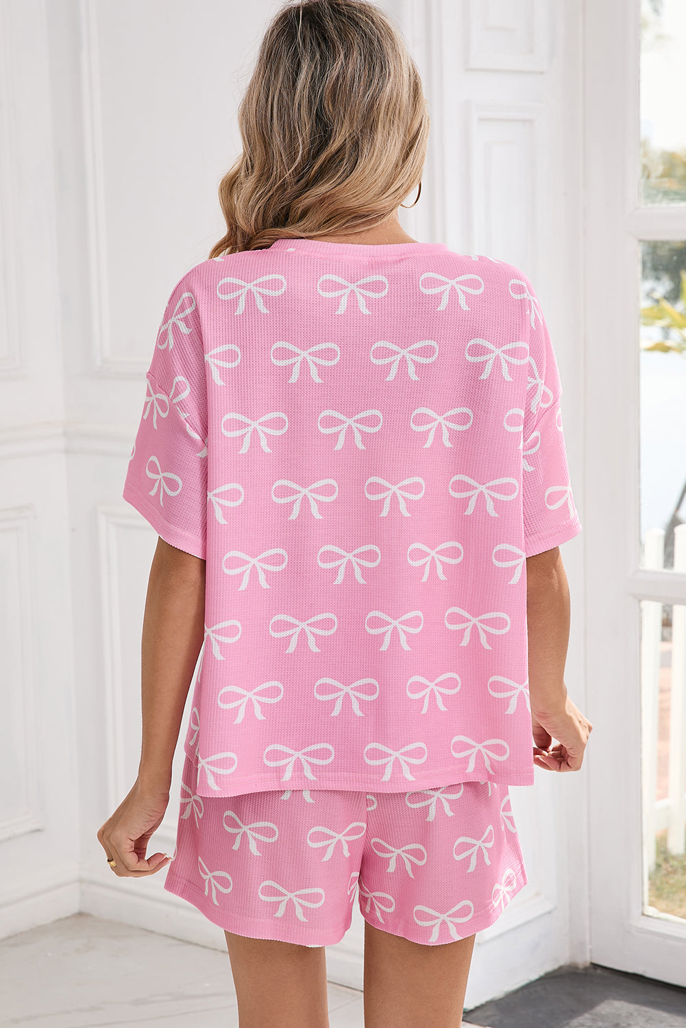 Pink Waffle Knit Bowknot Printed V Neck T Shirt And Shorts Set 2a23575ed729fd29