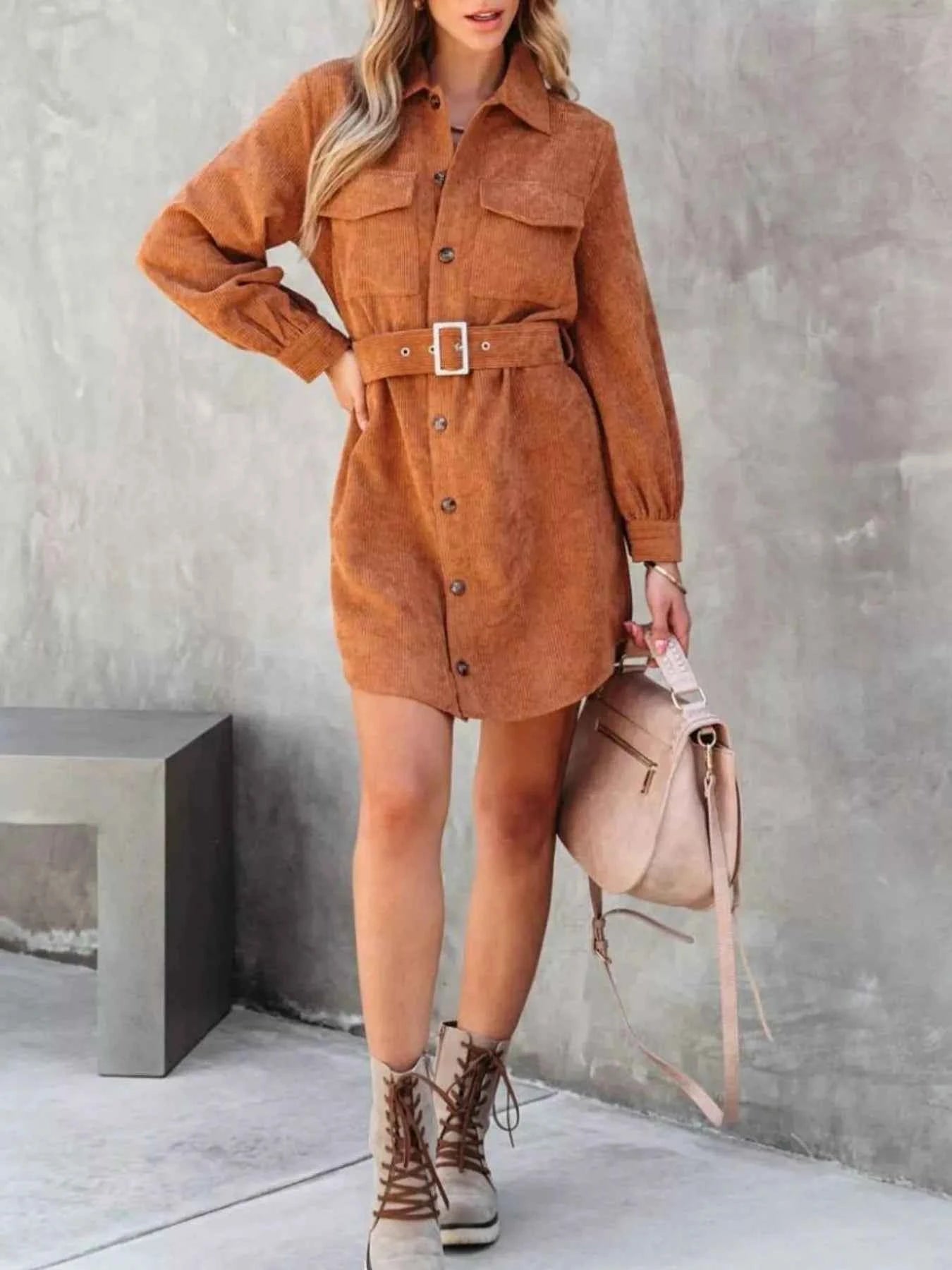 Button Front Belt Long Sleeve Corduroy Dress 2a23c49f-39ec-4354-84de-2943e5fc0199-Max-Origin