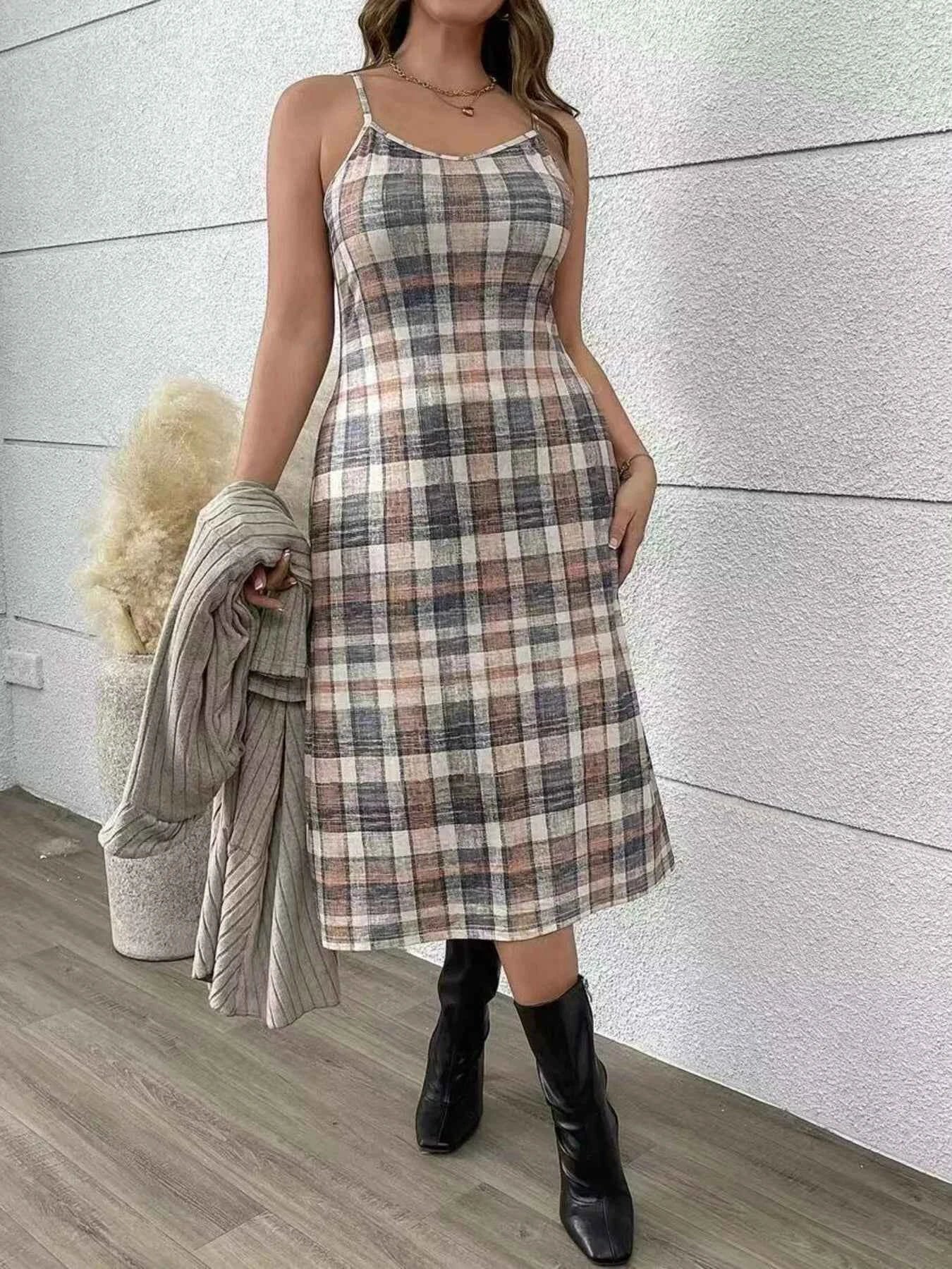Plaid Cami Dress and Ribbed Cardigan Set 2a281786e76941f8a8f371ec3804b8b5-Max-Origin