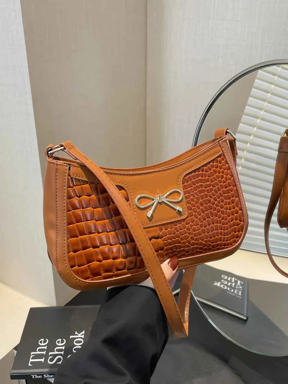 Crocodile Pattern Shoulder Bag with Bow Detail Pumpkin One Size 2a315735-9204-485b-b92c-30ee29989a90-Max