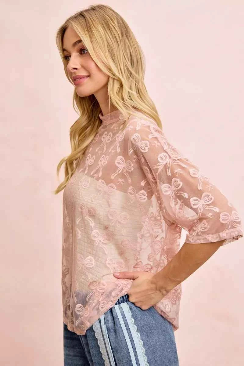 BiBi Bow Pattern Short Sleeves Boxy Mesh Top 2a339a30449046bdba9c2120f2774d66-Max-Origin