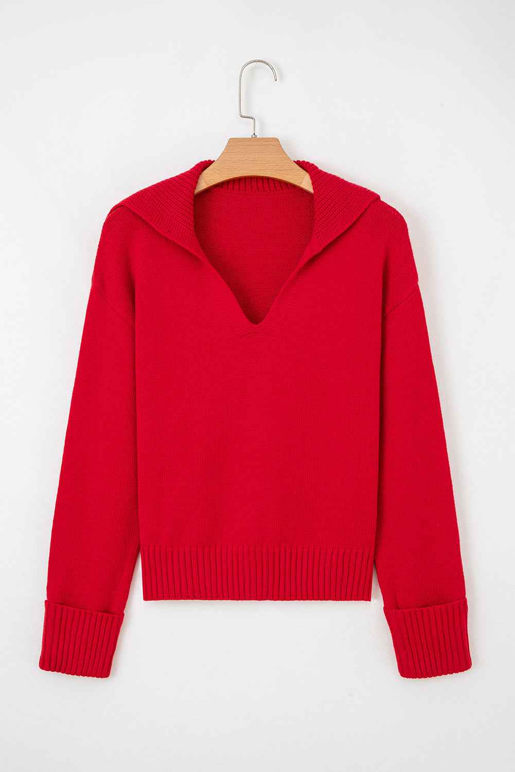Racing Red Ribbed Edge Collared V Neck Loose Fit Sweater 2a343b11e4fb682b
