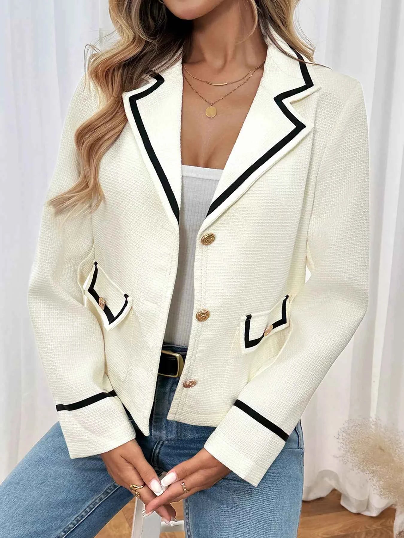 Contrast Trim Button-Up Blazer Beige 2a36cba3c6fe4564980734107e58c982-Max-Origin