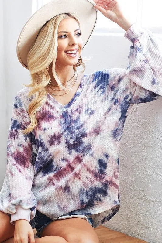 BiBi Tie-Dye V-Neck Long Sleeve Waffle Top 2a382acc0fa644e6bc3f80dfdde67a3a-Max-Origin
