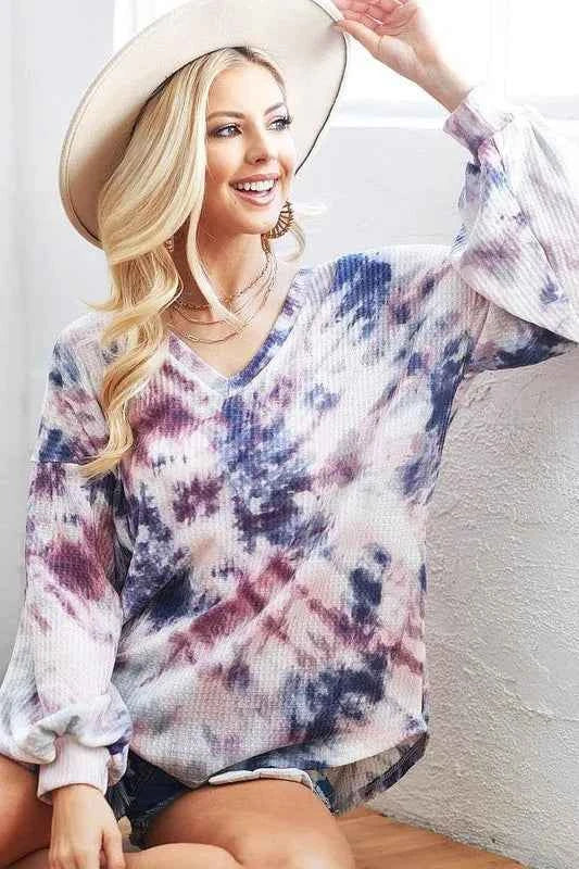 Tie-Dye V-Neck Long Sleeve Waffle Top 2a382acc0fa644e6bc3f80dfdde67a3a-Max-Origin