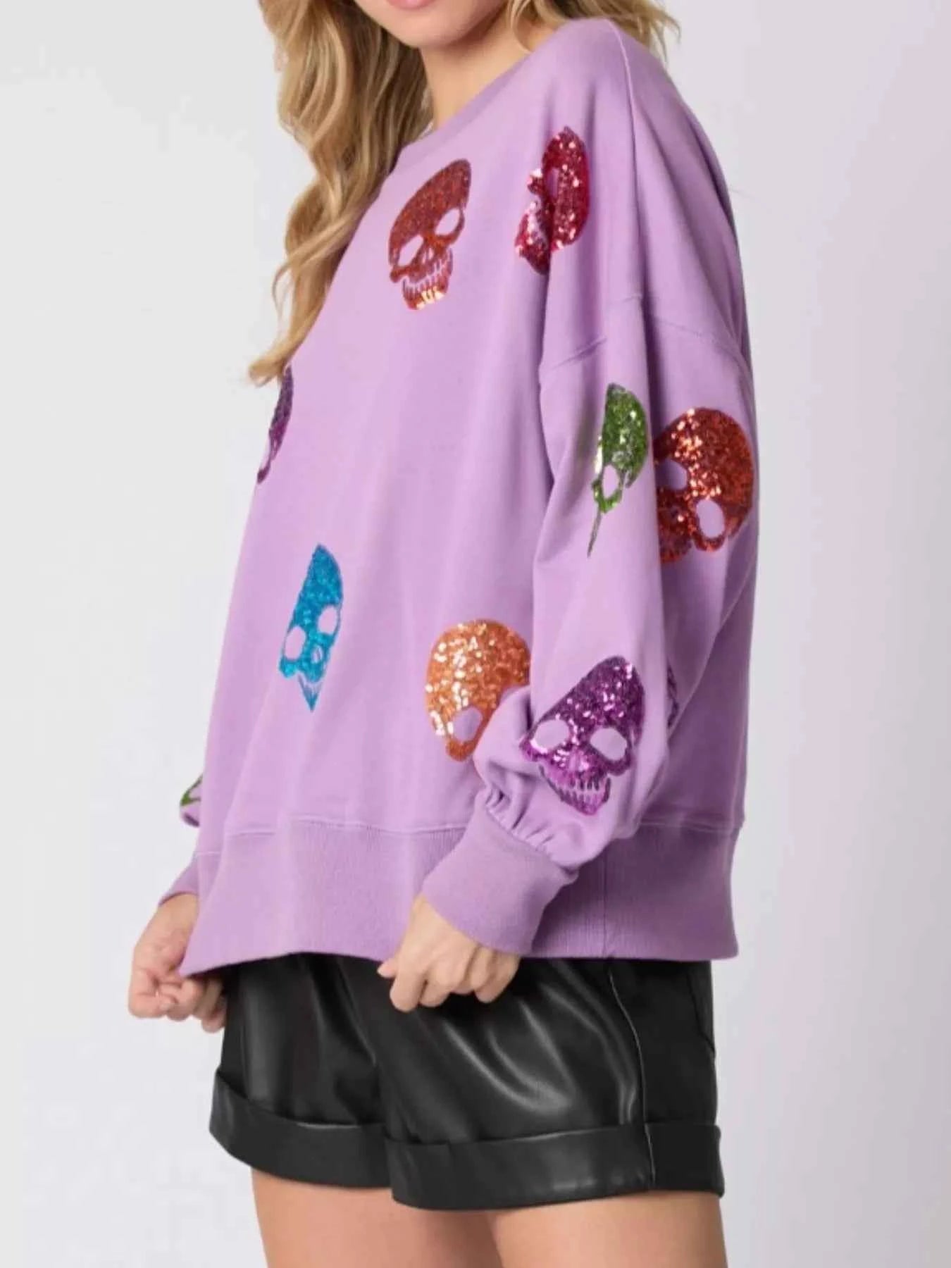 Halloween Colorful Skull Sequin Oversized Sweatshirt 2a385b4c-d489-4793-8268-2fe94ae04c62-Max-Origin