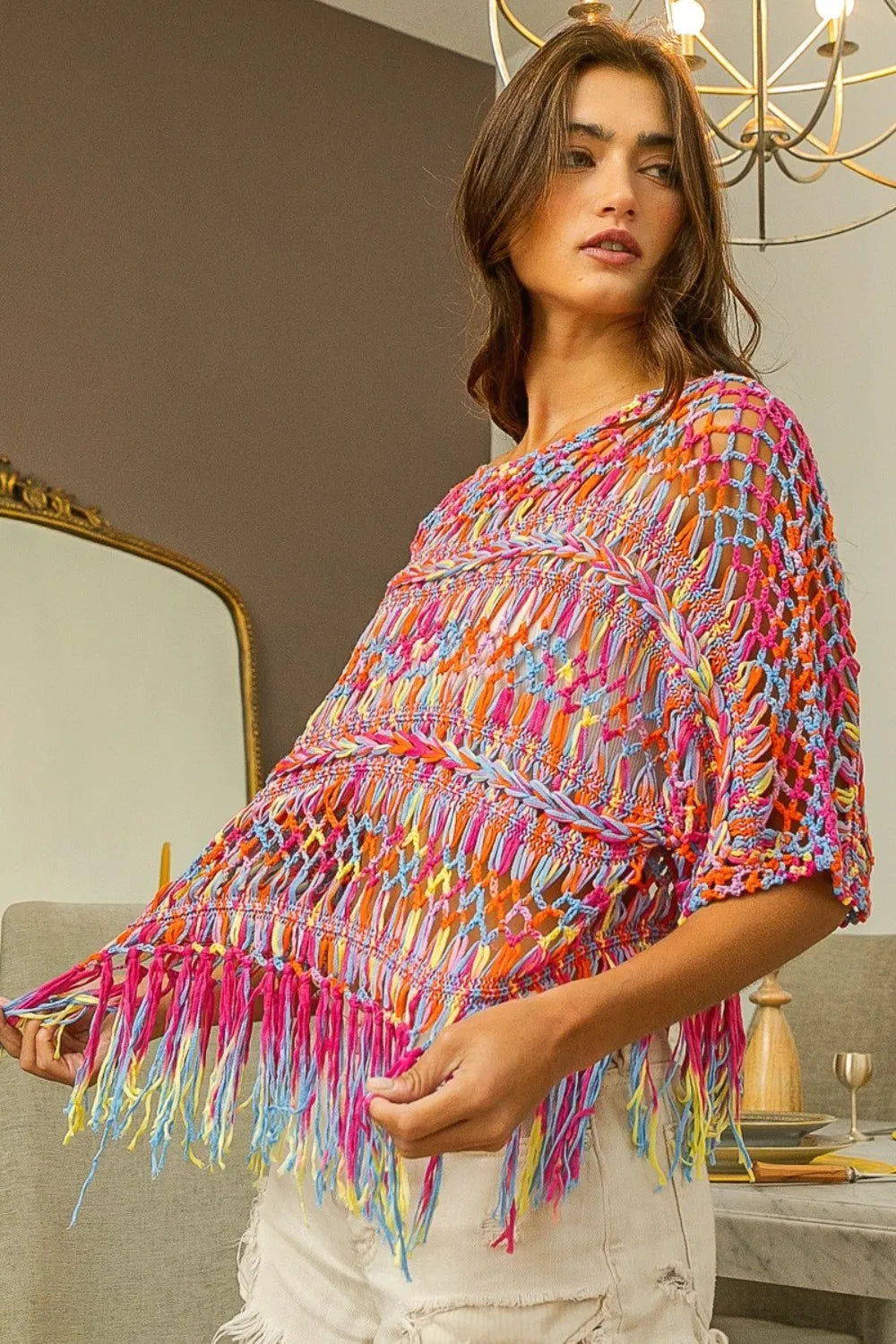 BiBi Openwork Fringed Knit Cover Up Burnt Orange Multi 2a3b37ea-a1c4-4938-bd82-21727531af26-Max