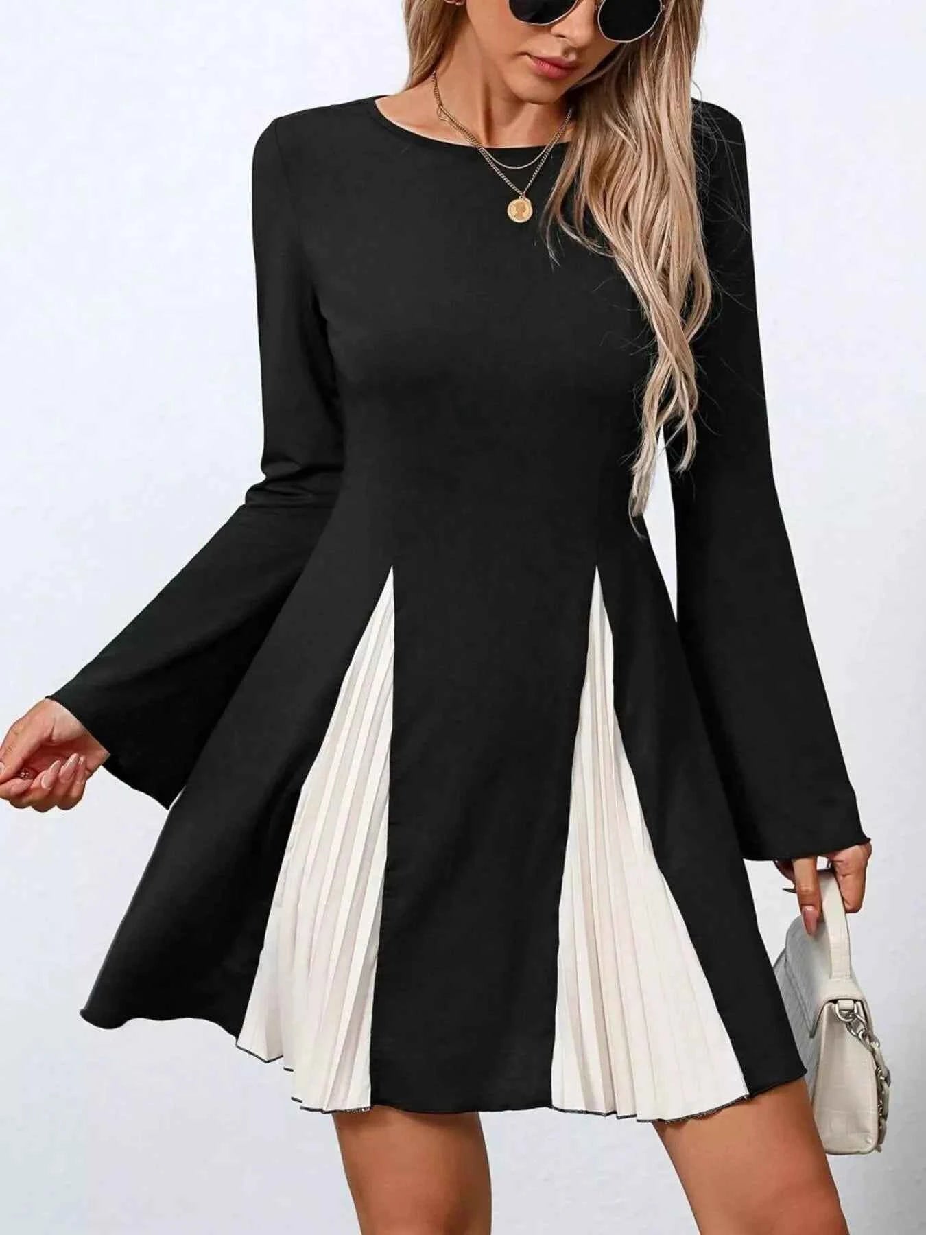 Pleated Flare Sleeve Mini Dress Black 2a3c702d575c4853bd20307361dd8b3f-Max-Origin